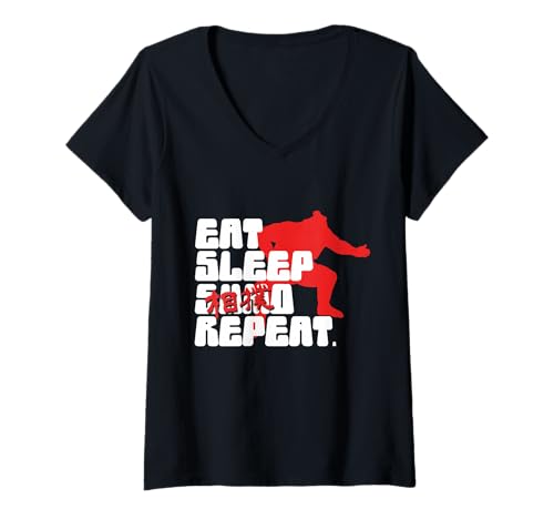 Damen Sumoringer Sumo Wrestling Japanischer Nagoya Eat Sleep Sumo T-Shirt mit V-Ausschnitt von Nagoya Wrestler Japan Sumoringer
