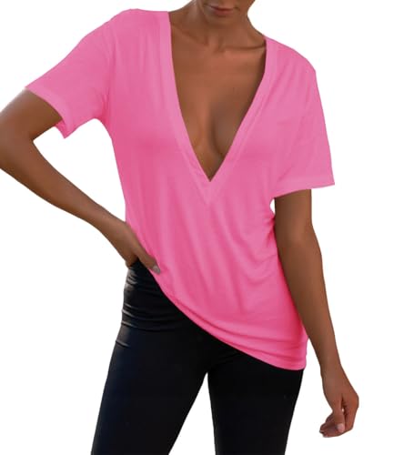Damen-T-Shirt, tiefer V-Ausschnitt, Sommer, lässig, kurzärmelig, Pink, Mittel Damen-T-Shirt, tiefer V-Ausschnitt, Sommer, lässig, kurzärmelig, Pink, Mittel von Nagwoy