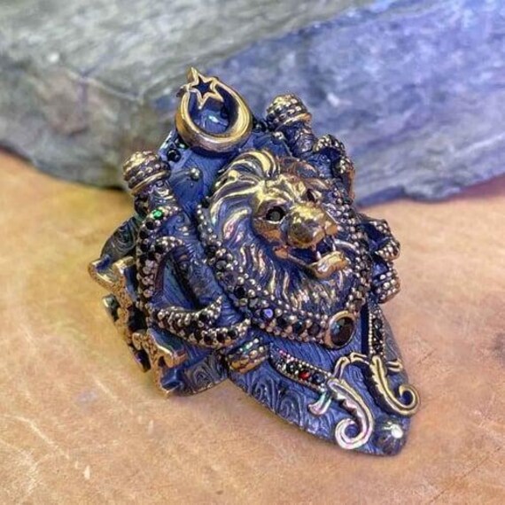 Sterling Silber Löwenkopf Ring Daumen Bogenschießen Schild, Halbmond Stern von Nahiide