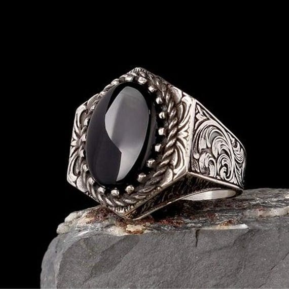 Onyx Edelstein-Ring Filigraner 925Er Sterling Silber, Handgemacht von Nahiide