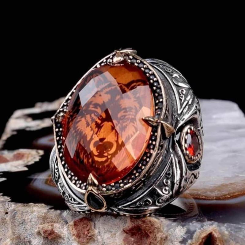 Wolfskopf Sterling Silber Ring Zirkonia Edelstein, Handgemachter Herren Schmuck Wolfskopf Sterling Silber Ring Zirkonia Edelstein, Handgemachter Herren Schmuck von Nahiide