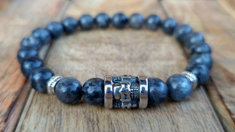 Edelstahl Totenkopf Armband | Skull Schädel Larvikit Perlen Perlenarmband Herren Schmuck Vatertag Mann Geschenk Inklusive Schuckbox von NahleOfficial