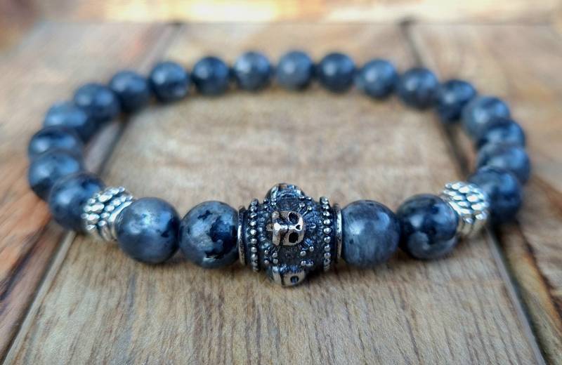 Edelstahl Totenkopf Armband | Skull Schädel Larvikit Perlen Perlenarmband Herren Schmuck Vatertag Mann Geschenk Inklusive Schuckbox von NahleOfficial