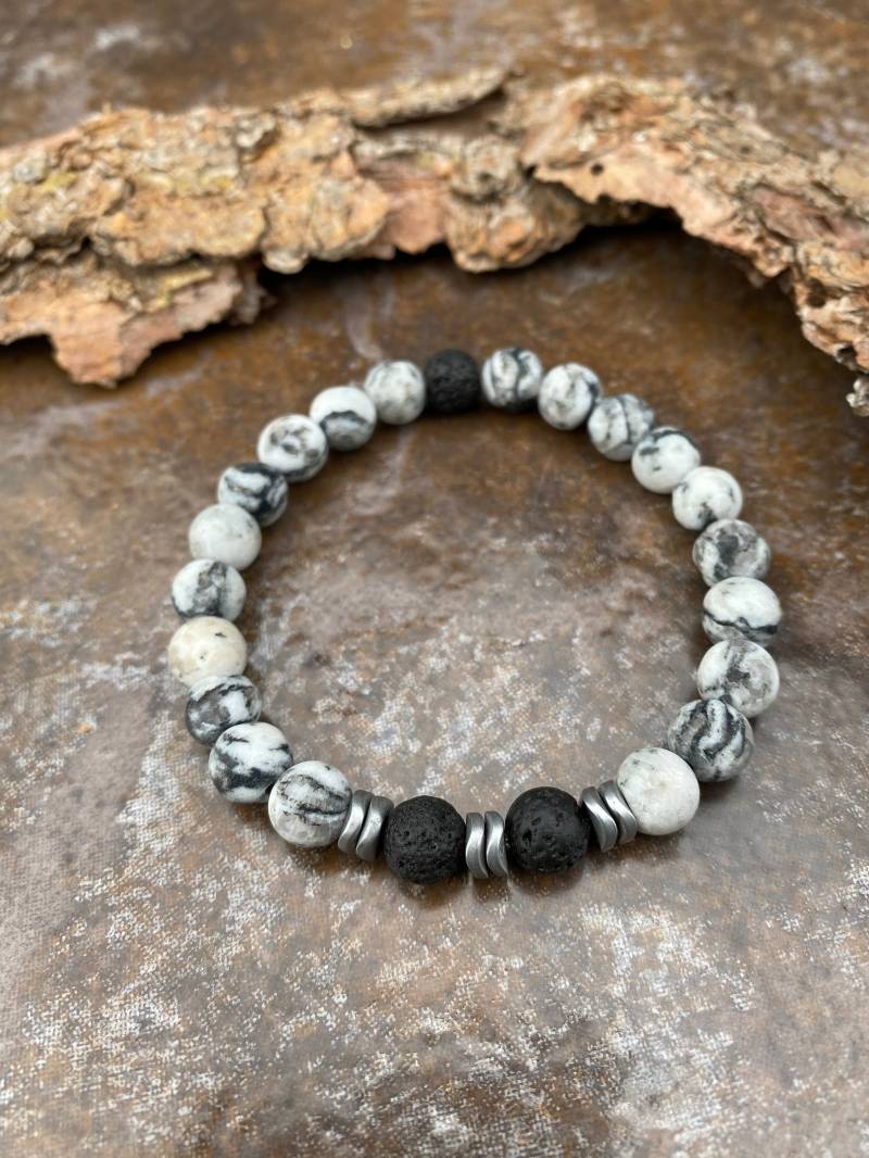 Howlith Armband Partnerarmband 8mm Lavastein Frauen Männer Damen Weißes Naturstein Perlenarmband von NahleOfficial