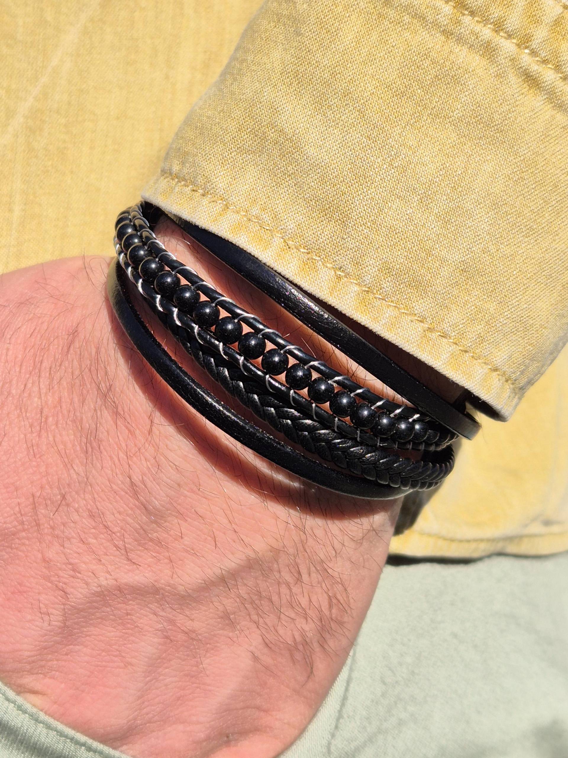 Lederarmband Für Herren | Geflochten Schwarz Onyx Steine Magnetverschluss Aus Edelstahl Geburtstagsgeschenk Inklusive Schmuckbox von NahleOfficial