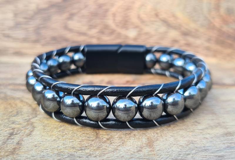 Lederarmband Hämatit Armband | Herren Leder Männer Mit Magnetverschluss Handmade Geschenk Vatertag Weihnachten Geburtstag von NahleOfficial
