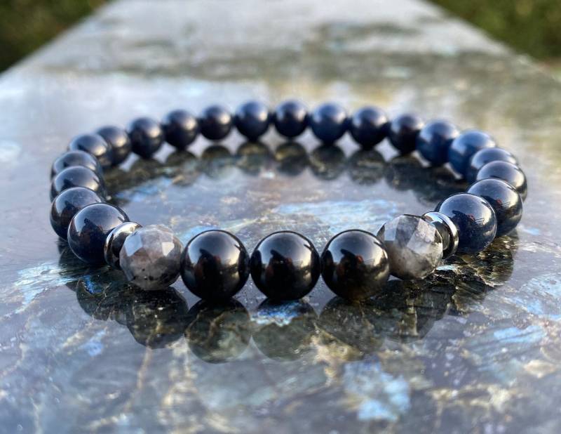 Naturstein Elegantes Obsidian Armband Partnerarmband Lapislazuli Herren Damen Larvikit Perlenarmband Schwarz 8mm von NahleOfficial