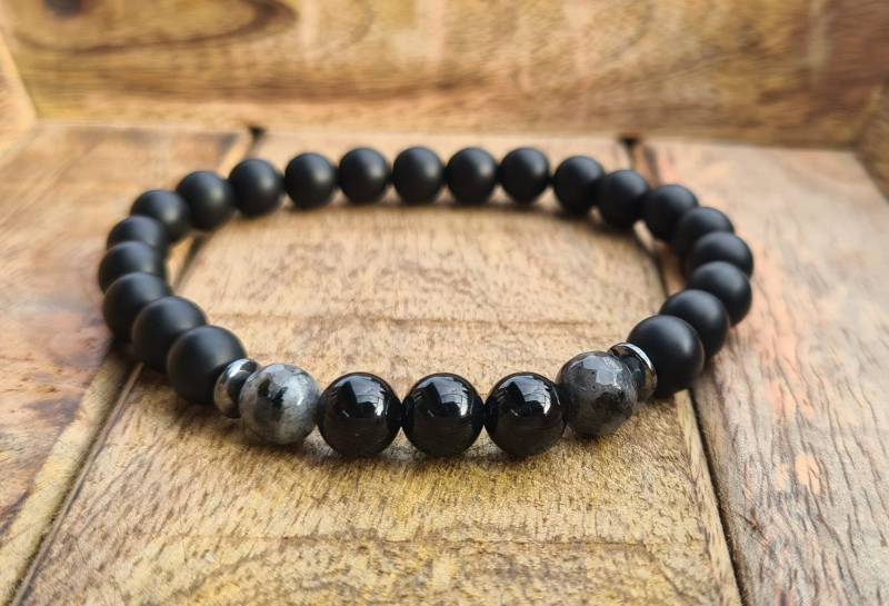 Naturstein Elegantes Obsidian Armband Partnerarmband Onyx Herren Damen Larvikit Perlenarmband Schwarz 8mm von NahleOfficial