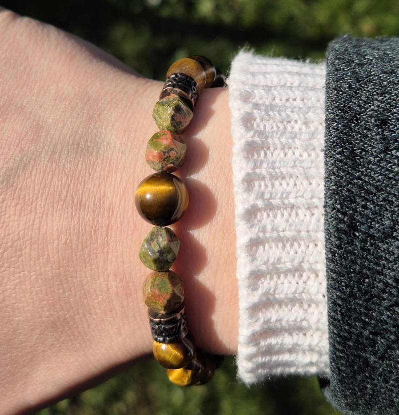 Tigerauge Unakit Bronze Armband Naturstein | Wikinger Herren Damen 8mm Geschenk Für Frau Und Mann von NahleOfficial