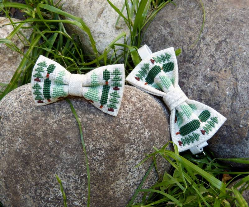 Waldfliegen Für Papa Und Sohn Bestickte Fliegen Mit Bäumen - Kreuzstich von NaiadeHandmade