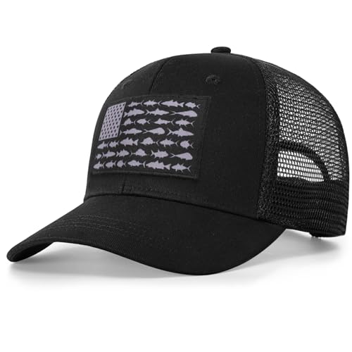 Trucker-Hüte mit amerikanischer Fischflagge, Angelgeschenke für Herren, Outdoor-Snapback-Angelhüte, perfekt für Camping und den täglichen Gebrauch, 01. Fischflagge, Schwarz, Einheitsgröße Trucker-Hüte mit amerikanischer Fischflagge, Angelgeschenke für Herren, Outdoor-Snapback-Angelhüte, perfekt für Camping und den täglichen Gebrauch, 01. Fischflagge, Schwarz, Einheitsgröße von Naicissism