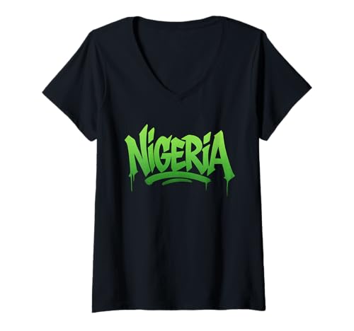 Damen Nigeria Graffiti, urbanes Kunstdesign T-Shirt mit V-Ausschnitt von Naija Street