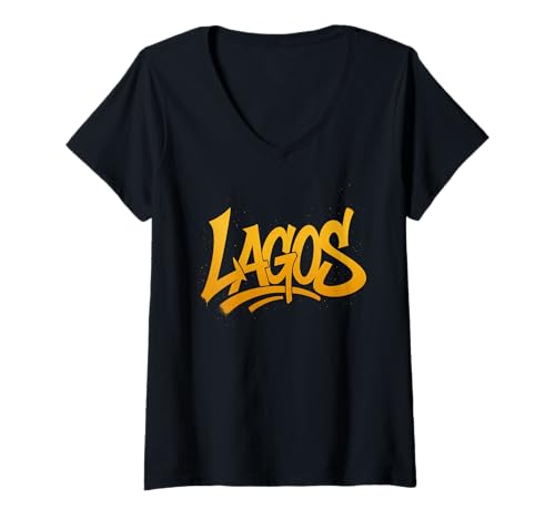 Damen Lagos Graffiti Street Schriftzug T-Shirt mit V-Ausschnitt Damen Lagos Graffiti Street Schriftzug T-Shirt mit V-Ausschnitt von Naija Walls