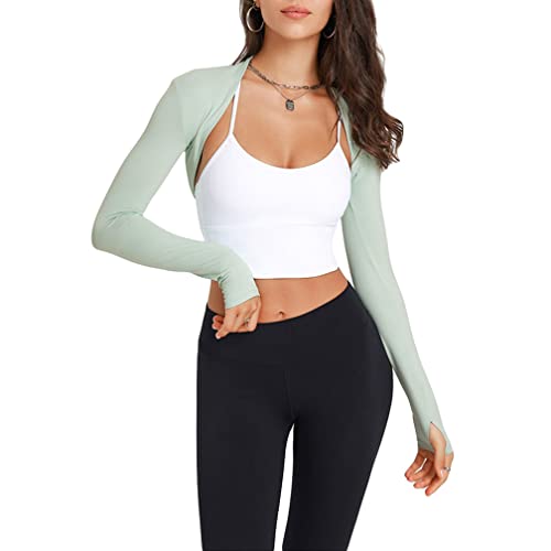 Naileksi Damen Workout Open Front Bolero Shrug Crop Top Langarm Solid Slim Fit Casual Cropped Cardigan Yoga Sommer, Grün Mint, Klein von Naileksi