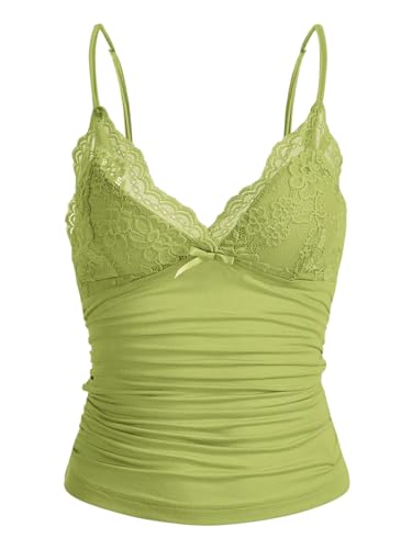 Naileksi Damen Y2k Cami Top mit Spitzenbesatz, Spaghettiträger, Fee, Grunge-Tanktop, V-Ausschnitt, gerüschte Schleife, Spitze, Patchwork-Cami-Shirt, Mintgrün, Klein von Naileksi
