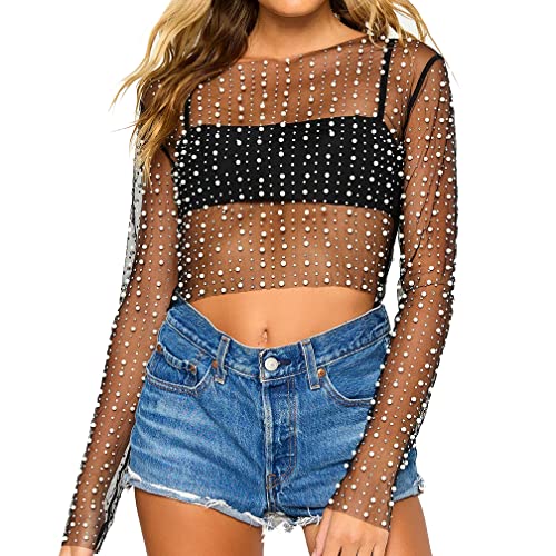 Naileksi Frauen Perlen Strass Sheer Mesh Crop Top Sexy Durchsichtig Langarm Slim Fit Cropped Bluse Shirt Clubwear, Schwarz, Klein von Naileksi