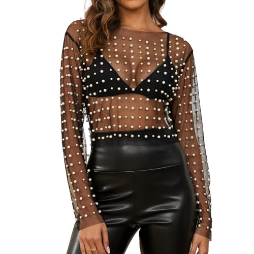 Naileksi Frauen Perlen Strass Sheer Mesh Crop Top Sexy Durchsichtig Langarm Slim Fit Cropped Bluse Shirt Clubwear, Z-schwarz, Groß von Naileksi