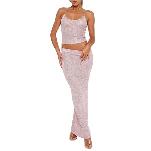 Naileksi Frauen Sexy Glitzer Strick 2 Stück Outfits Pailletten Slim Fit Crop Cami Top Sparkle Maxi Bodycon Rock Set Clubwear, Pink, S von Naileksi