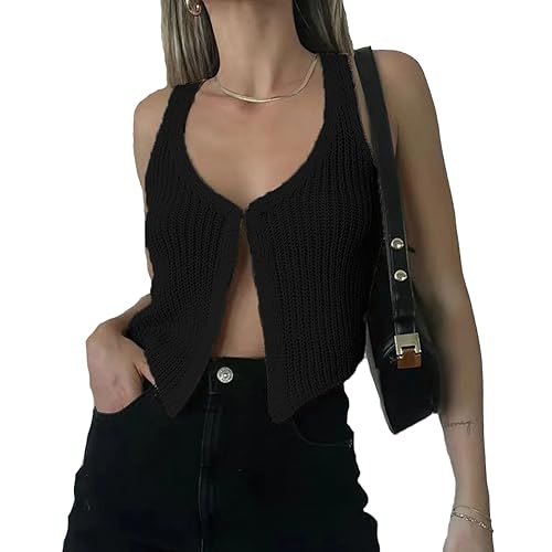 Naileksi Frauen Y2k Vintage Haken Auge Strick Top Weste V-Ausschnitt Ärmellos Solide Kausale Offene Front Pullover Weste Streetwear, Schwarz, Klein von Naileksi