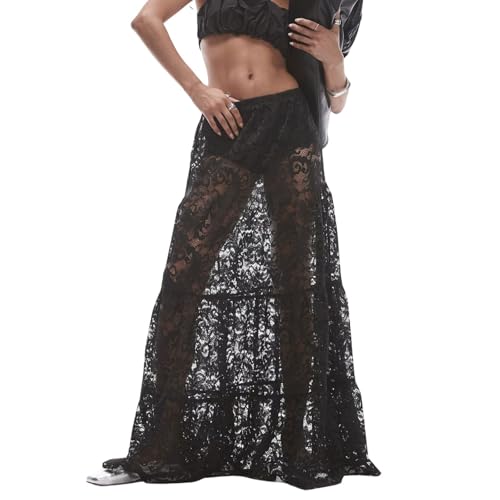 Naileksi Maxirock für Damen, gestuft, durchscheinend, Spitze, elastische Taille, hohe Taille, fließend, A-Linie, sexy, durchsichtig, langer Rock, Clubwear, Schwarz, Mittel Naileksi Maxirock für Damen, gestuft, durchscheinend, Spitze, elastische Taille, hohe Taille, fließend, A-Linie, sexy, durchsichtig, langer Rock, Clubwear, Schwarz, Mittel von Naileksi