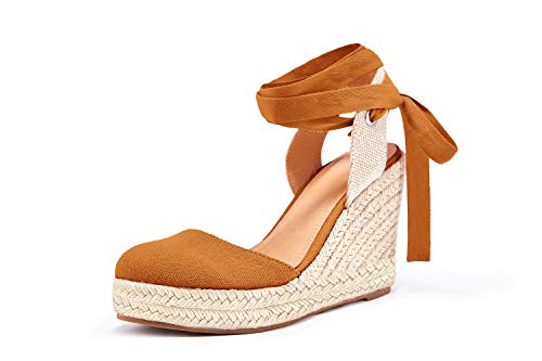 Damen Espadrille Keilsandalen Geschlossene Zehe Lace Up Plattform Knöchel Wrap Sommer Freizeitschuhe, Braun, 41 EU von Nailyhome