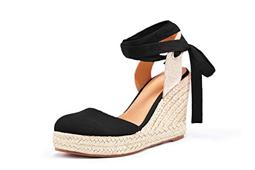 Damen Espadrille Keilsandalen Geschlossene Zehe Lace Up Plattform Knöchel Wrap Sommer Freizeitschuhe, Schwarz (Black-b), 43 EU von Nailyhome