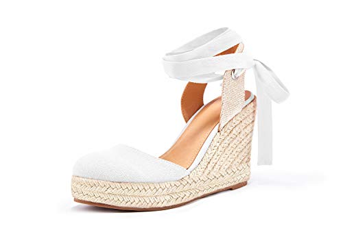 Damen Espadrille Keilsandalen Geschlossene Zehe Lace Up Plattform Knöchel Wrap Sommer Freizeitschuhe, Weiss/opulenter Garten, 38 EU von Nailyhome