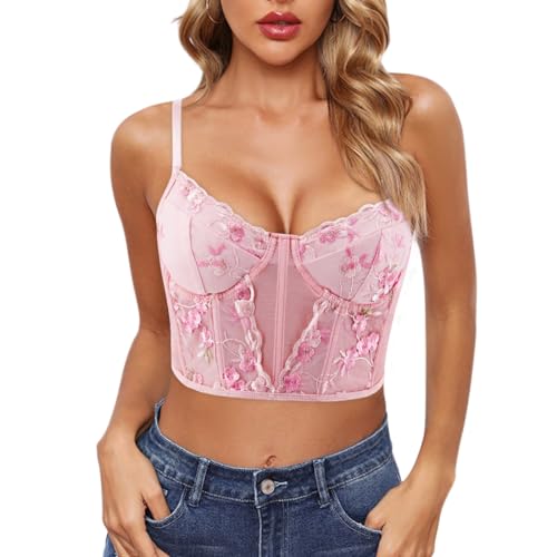 Naimo Damen Bestickt Floral Korsett Korsett Dünne Trägershirt Crop Top Ärmelloses Sexy Unterhemd, Rosa, Medium von Naimo