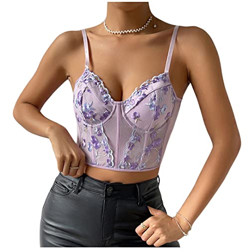 Naimo Damen Bestickte Blumen Korsett Bustier Push Up Crop Top Spaghettiträger Camisole Corsage Weste BH Tank Tops von Naimo