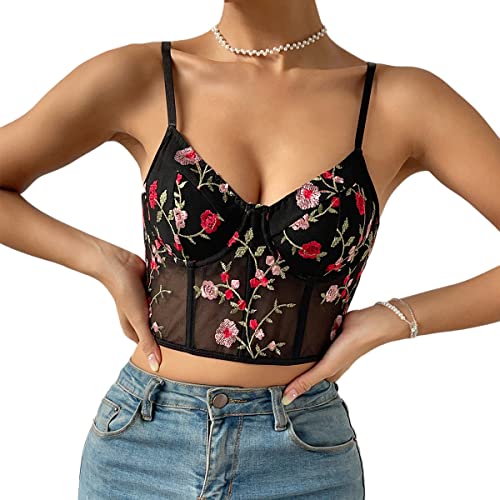 Naimo Damen Bestickte Blumen Korsett Bustier Push Up Crop Top Spaghettiträger Camisole Corsage Weste BH Tank Tops von Naimo