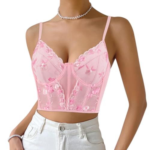 Naimo Damen Bestickte Blumen Korsett Bustier Sexy Crop Top Spaghettiträger Camisole Vintage Corsage Weste BH Tank Tops von Naimo