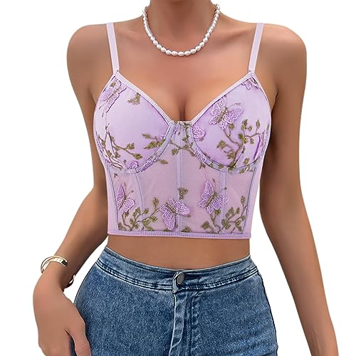 Naimo Damen Bestickte Blumen Korsett Bustier Sexy Crop Top Spaghettiträger Camisole Vintage Corsage Weste BH Tank Tops von Naimo