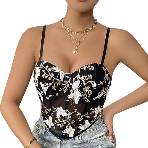 Naimo Damen Bestickte Blumen Korsett Bustier Sexy Crop Top Spaghettiträger Camisole Vintage Corsage Weste BH Tank Tops von Naimo