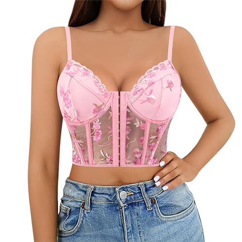 Naimo Damen Bestickte Blumen Korsett Bustier Sexy Spitze Crop Top Spaghettiträger Corsage Cami BH Trägertop Tank Tops von Naimo