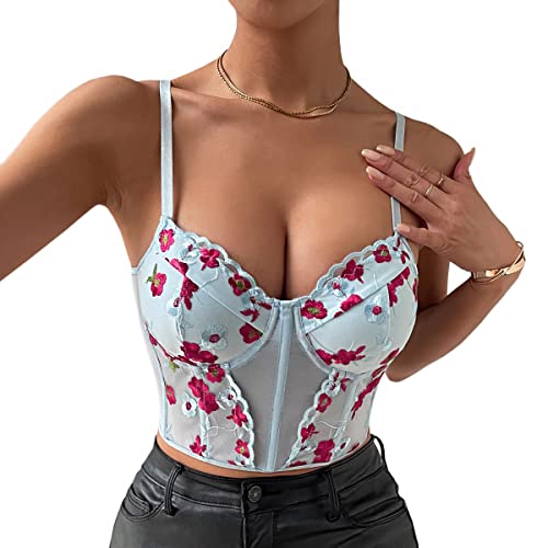 Naimo Damen Blumen Korsett Bustier Push Up Crop Top Spaghettiträger Cami Tank Weste BH Vintage Corsage Party Clubwear von Naimo