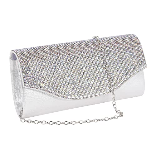 Naimo Damen Clutch Strass Abendtasche Umhängetasche Crossbody Kette Umschlag Schulter Tasche für Party Bankett, silber / schwarz von Naimo