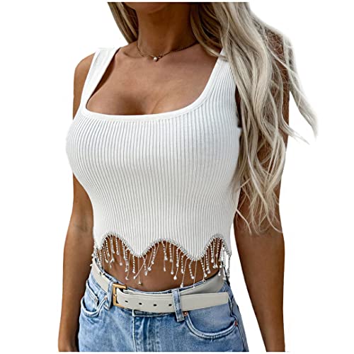 Naimo Damen Crop Top mit Strass Fransen Ärmellos Geripptes Tank Top Sexy Weste Slim Fit Cropped Oberteil von Naimo