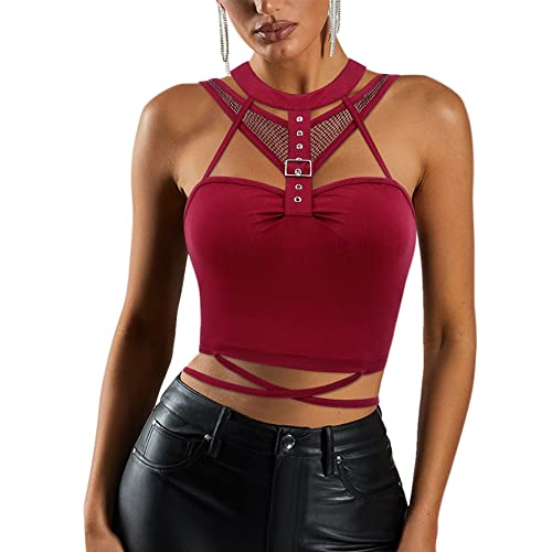 Naimo Damen Fischnetz Mesh Crop Top Sexy Cut Out Tank Top Ärmellos Bluse Y2K Top Gothic Punk Oberteil von Naimo