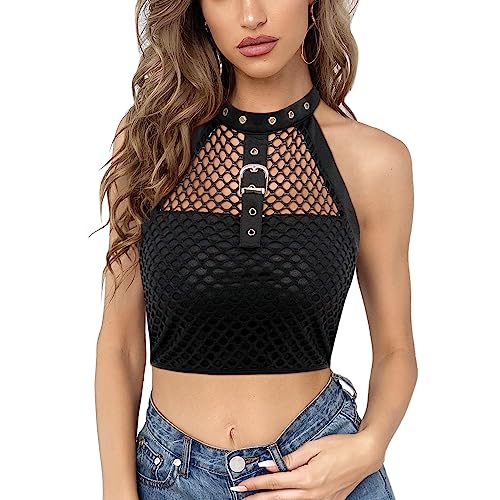 Naimo Damen Fischnetz Mesh Crop Top Sexy Hollow Out Heckholder Tank Top Rückenfrei Bluse Y2K Top Gothic Punk Oberteil von Naimo