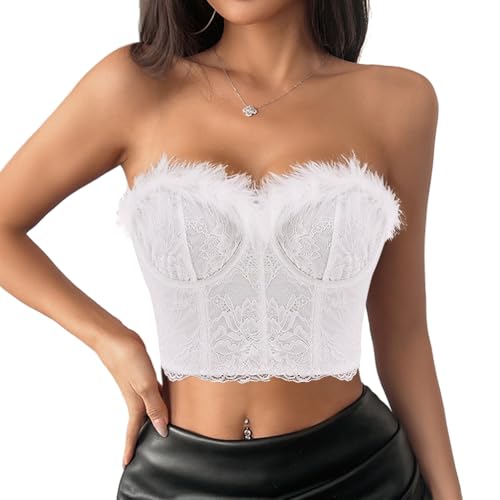Naimo Damen Fuzzy Feder Crop Top Kunstpelz Ärmellos Schulterfreies Bandeau Tube Top Spitze Korsett Trägerlos Oberteil von Naimo
