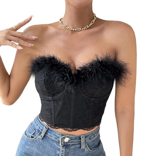 Naimo Damen Fuzzy Feder Crop Top Spitze Korsett Kunstpelz Ärmellos Schulterfreies Top Sexy Trägerlos Tube Top Bandeau von Naimo