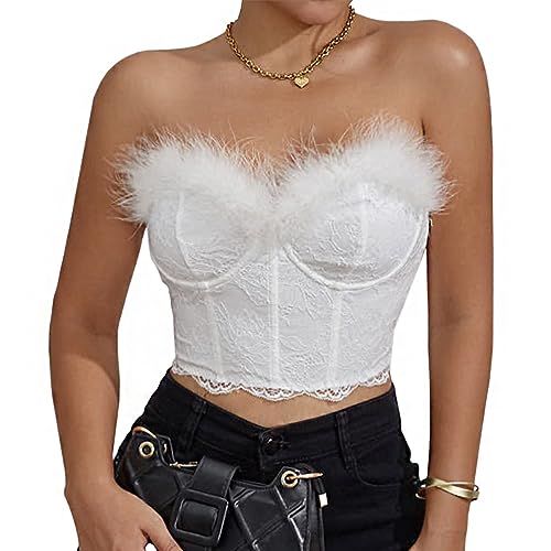 Naimo Damen Fuzzy Feder Crop Top Spitze Korsett Kunstpelz Ärmellos Schulterfreies Top Sexy Trägerlos Tube Top Bandeau von Naimo