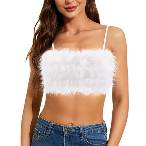 Naimo Damen Fuzzy Kunstpelz Crop Top Ärmellos Spaghettiträger Tank Top Fluffy Trägertop Cami Weste Party Rave Oberteile von Naimo