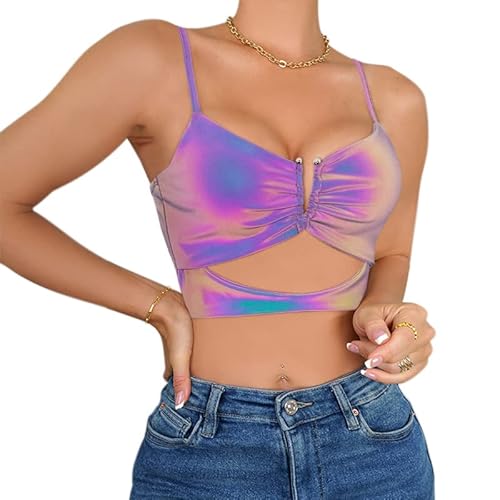 Naimo Damen Glänzend Reflektierendes Cut Out Crop Top Ärmellos Spaghettiträger Tank Tops Cami Weste Holografisches Oberteil von Naimo