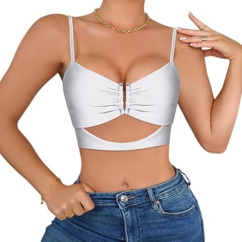 Naimo Damen Glänzend Reflektierendes Cut Out Crop Top Ärmellos Spaghettiträger Tank Tops Cami Weste Rave Metallic Oberteil von Naimo