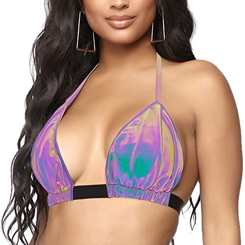 Naimo Damen Glänzend Reflektierendes Neckholder Crop Top Metallic Bralette BH Cami Tank Weste Holografisches Rave Oberteil von Naimo