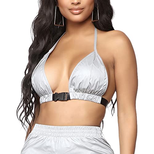 Naimo Damen Glänzend Reflektierendes Neckholder Crop Top Metallic Bralette BH Rückenfreies Cami Tank Top Weste Rave Oberteil von Naimo