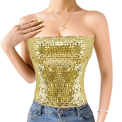 Naimo Damen Glitzer Pailletten Crop Top Ärmellos Schulterfreies Top Sexy Trägerlos Tube Top Bandeau Bustier Rave Oberteil von Naimo