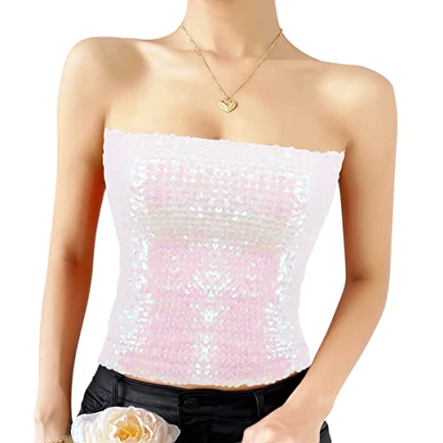 Naimo Damen Glitzer Pailletten Crop Top Ärmellos Schulterfreies Top Sexy Trägerlos Tube Top Bandeau Bustier Rave Oberteil von Naimo