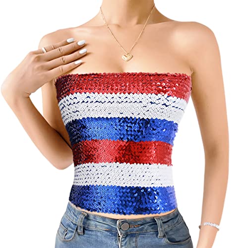 Naimo Damen Glitzer Pailletten Crop Top Ärmellos Schulterfreies Top Sexy Trägerlos Tube Top Bandeau Bustier Rave Oberteil von Naimo